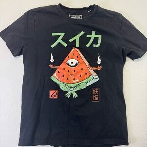 Graphic Black Tee with meditating Watermelon Design Japanese katakana